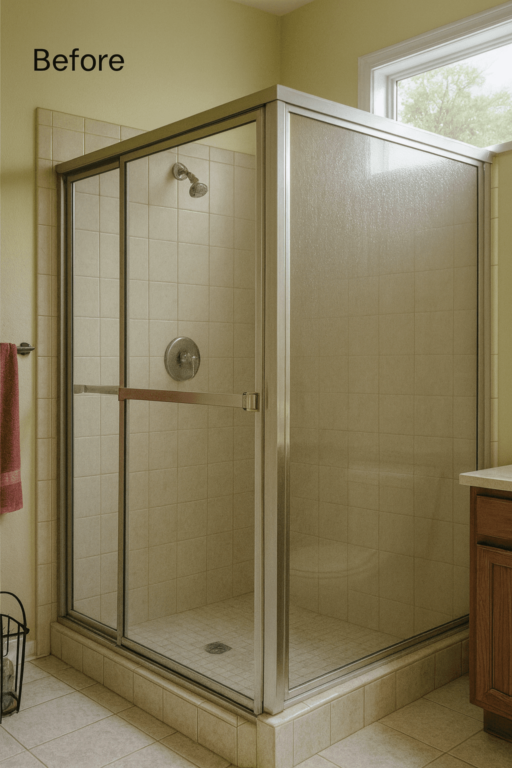 Outdated framed shower enclosure before renovation in Cary home
