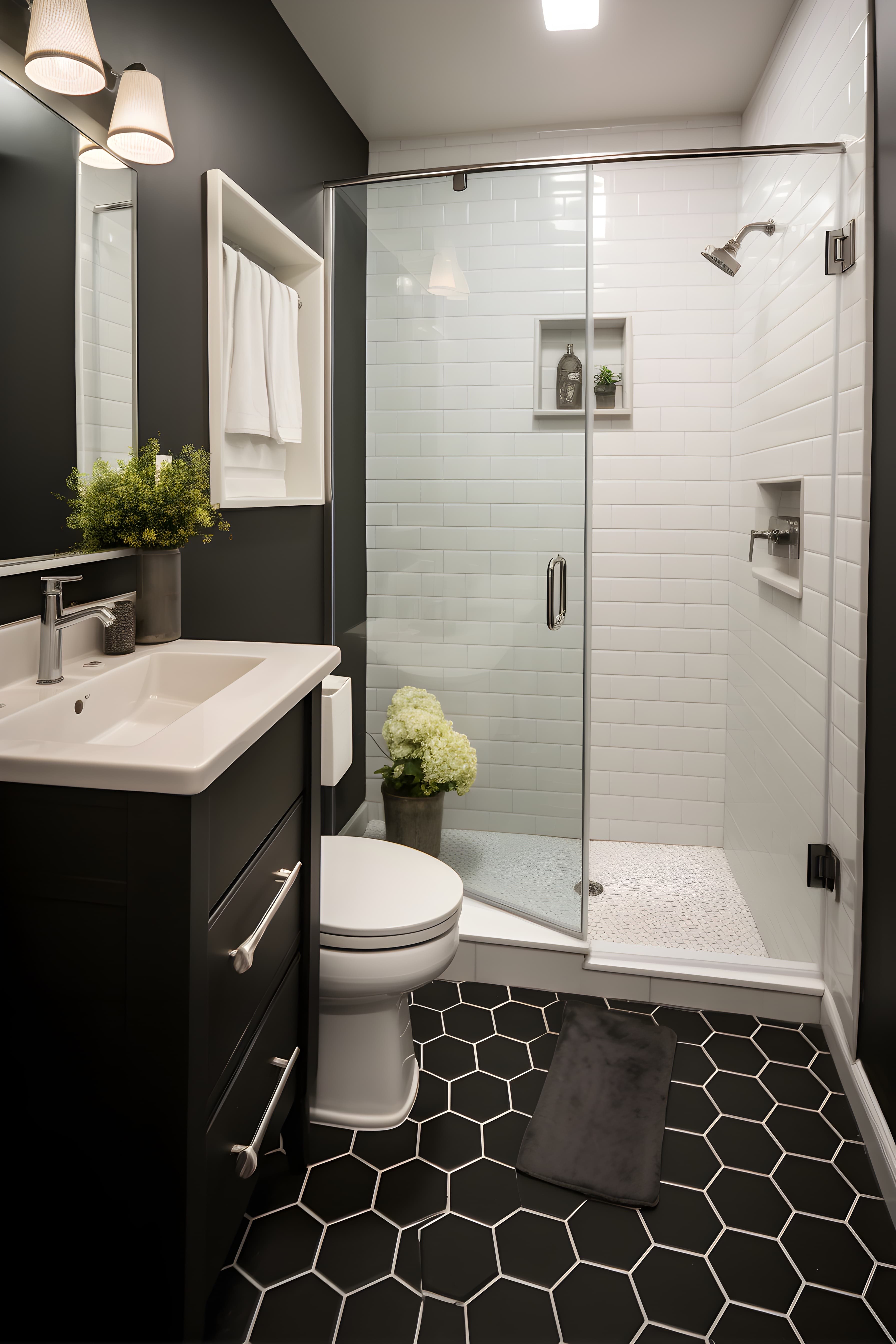 Corner frameless shower enclosure with hinged door and fixed panel configuration