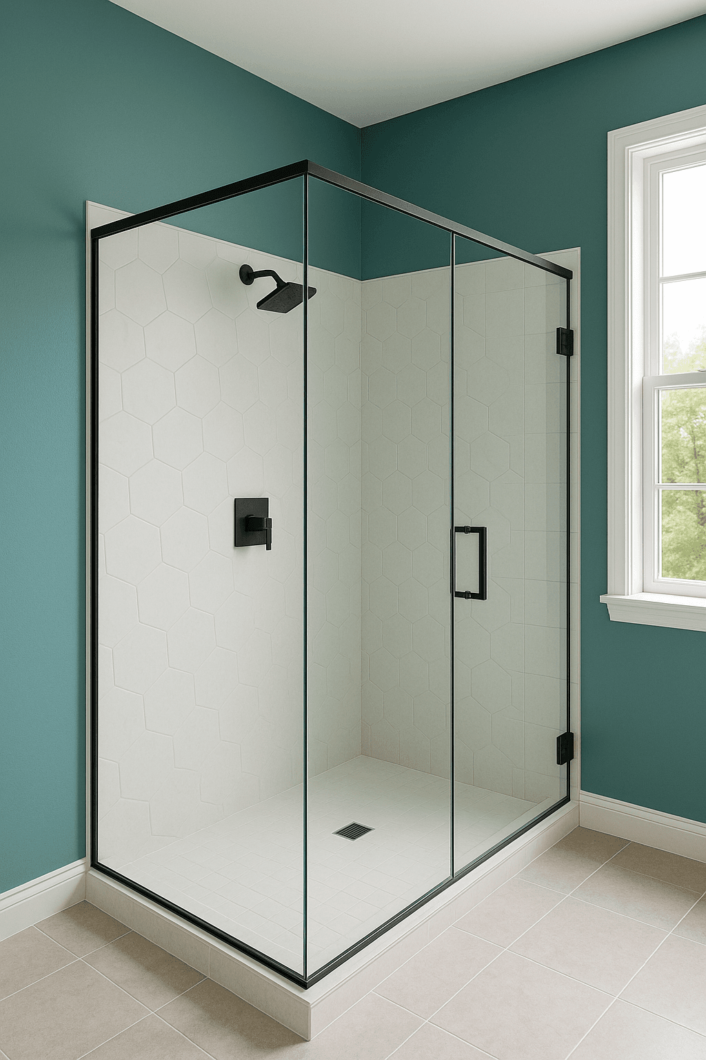 Large frameless glass shower enclosure in Chapel Hill master bathroom suite