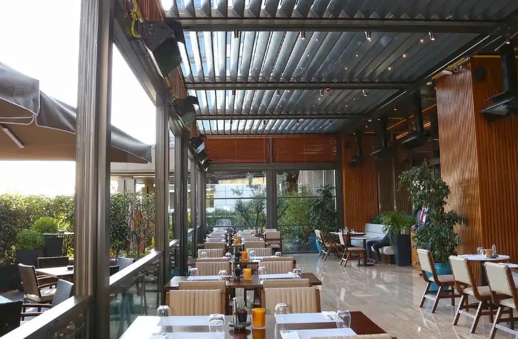 Commercial glass pergola for business outdoor space in Charlotte