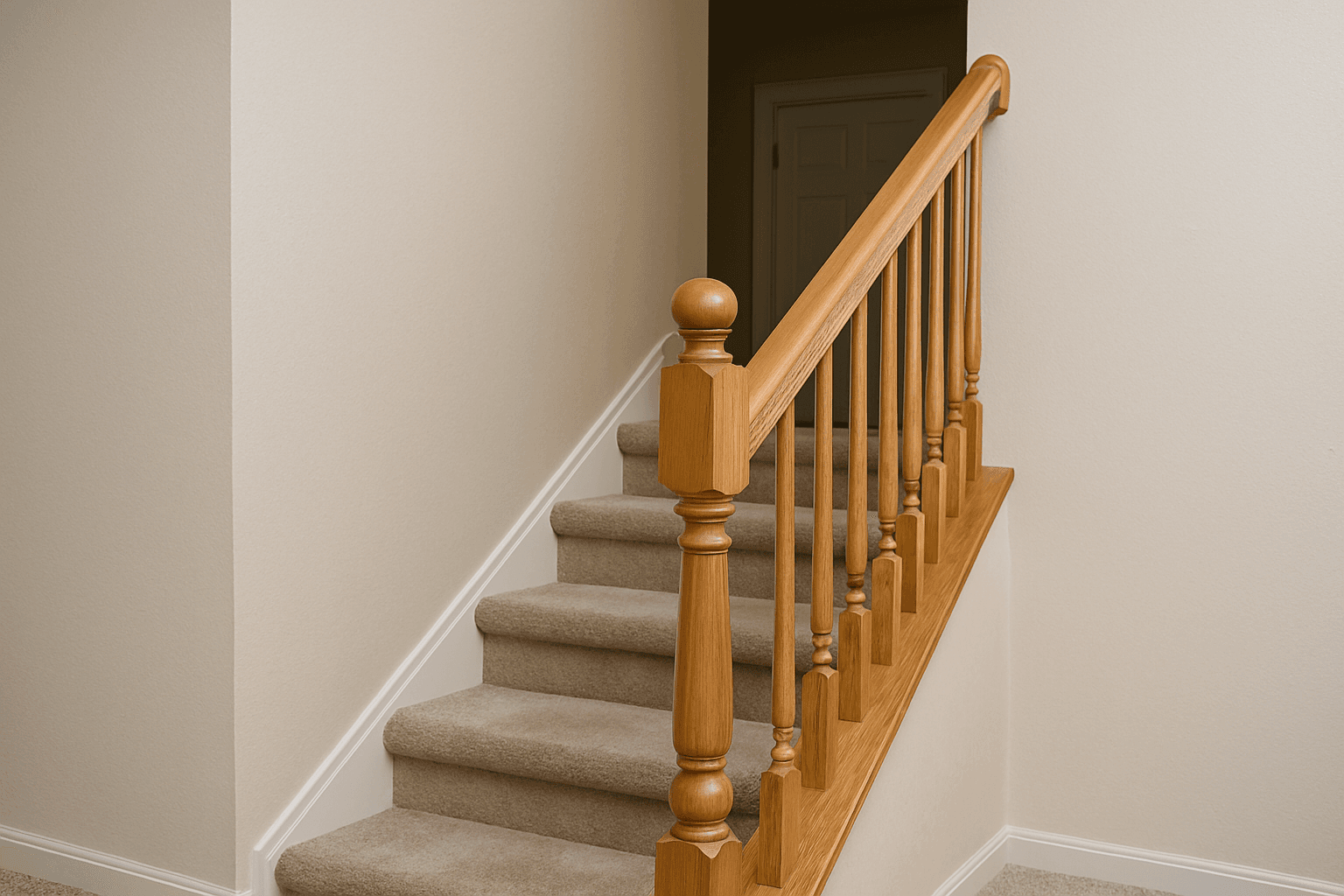 Traditional closed staircase railing before renovation in Durham home